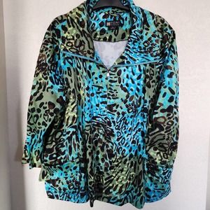 Teal Blue Animal Print Zip Up Jacket by Toni Morgan, Womens Plus Size 1X